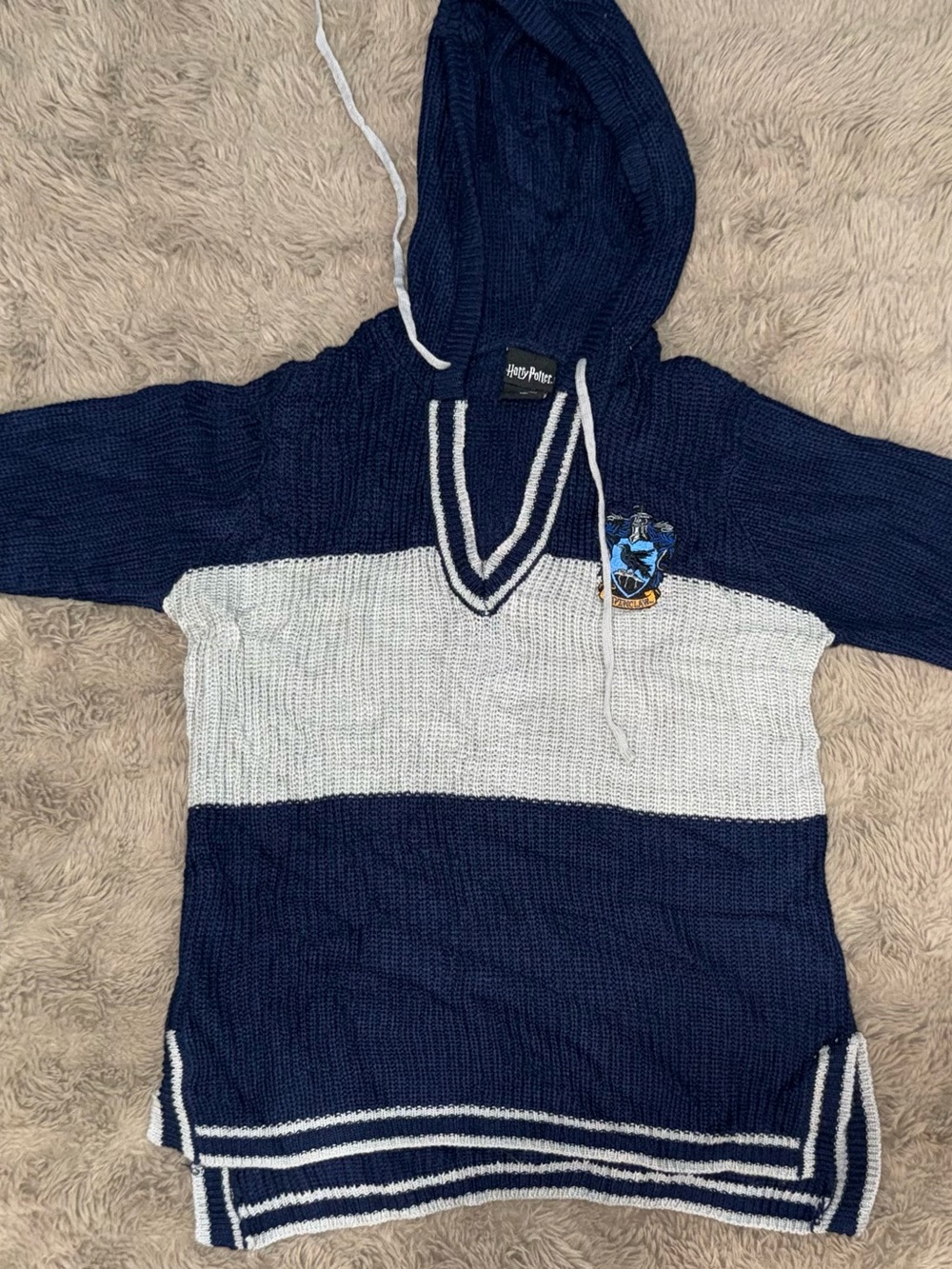 Harry Potter Ravenclaw V-Neck Hooded Knit Sweater - Navy & White